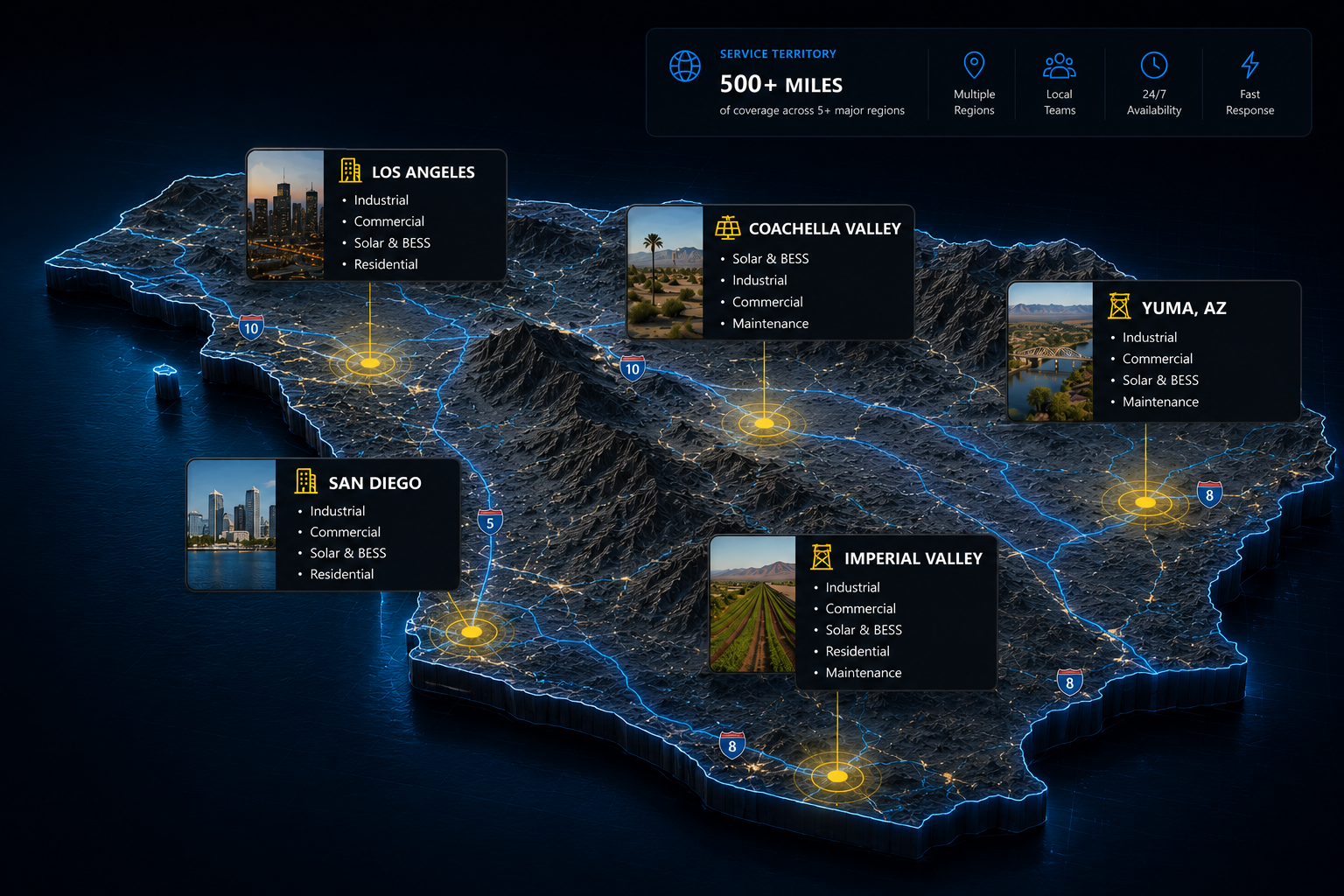3D technical service territory map showing Los Angeles, Coachella Valley, San Diego, Imperial Valley and Yuma, Arizona